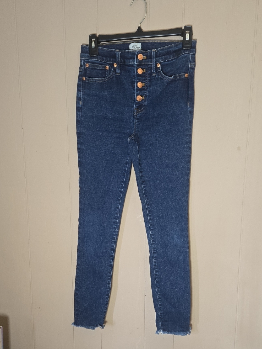 J. Crew Dark Blue Skinny High-Rise Jeans Button Fly Raw Hem Size 26